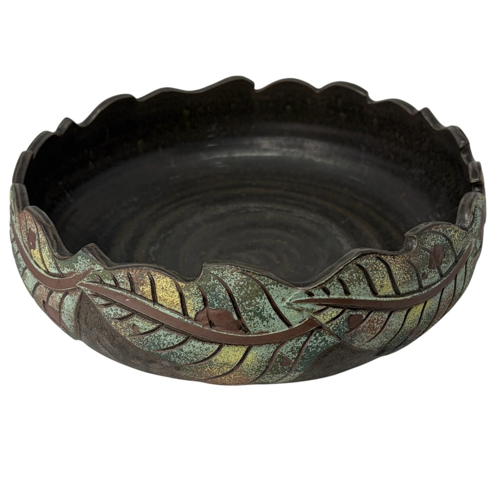Vintage Japanese Art Pottery Bowl Leaf Vine Relief Green Brown Stoneware